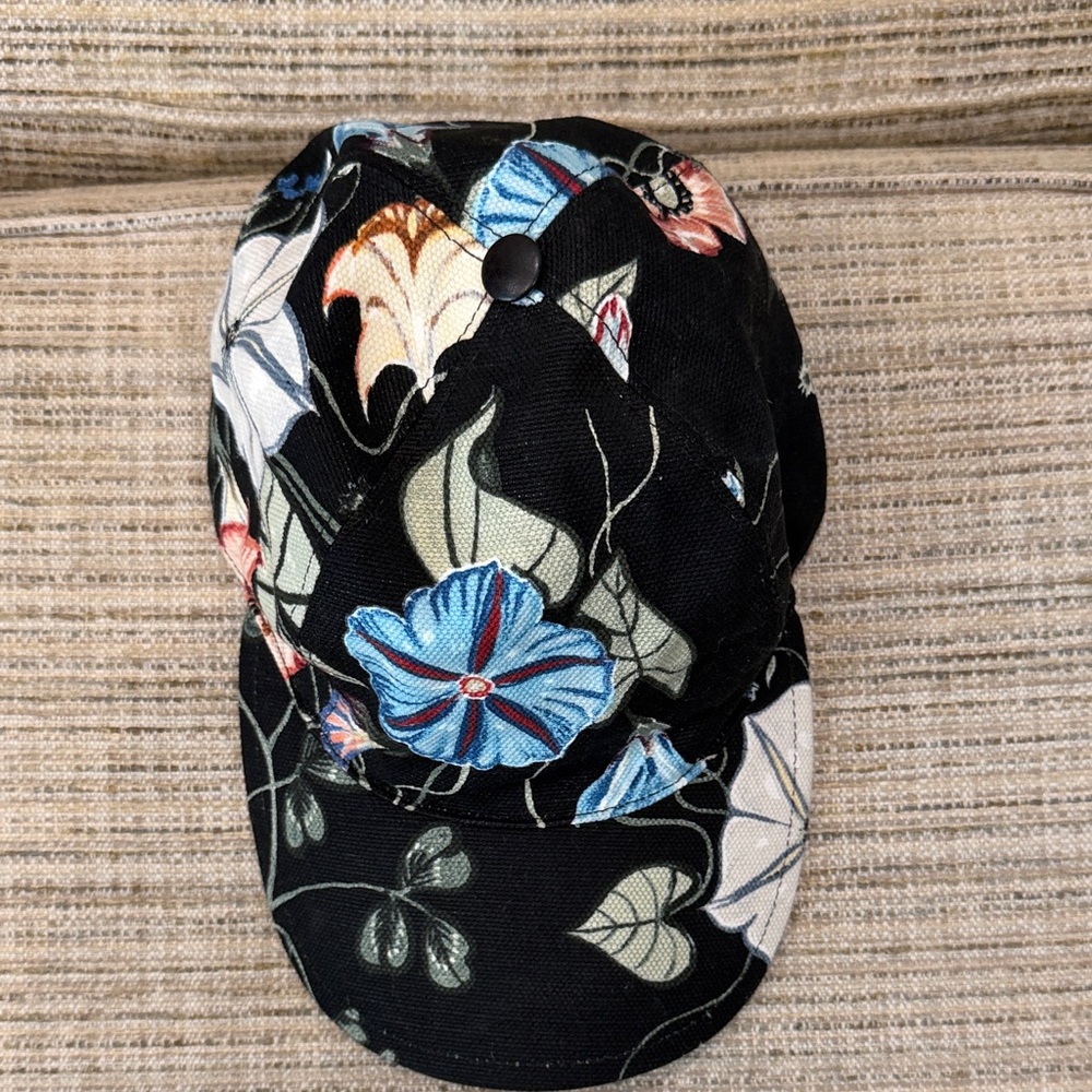 Gucci Black Floral Cotton Baseball Cap with Blue & Cream Blooms Sz S - Picture 2 of 10